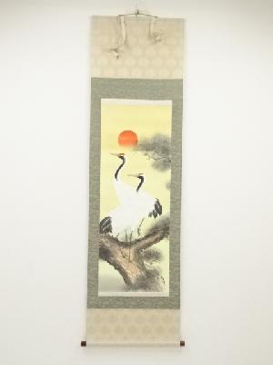 竹春筆　松上双鶴　肉筆絹本掛軸